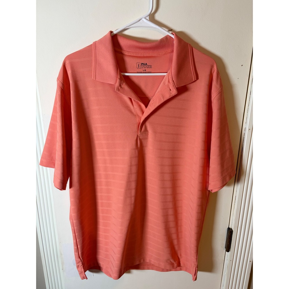 PGA Tour Mens Coral Orange Striped Short Sleeve Golf Polo Shirt Large L/G